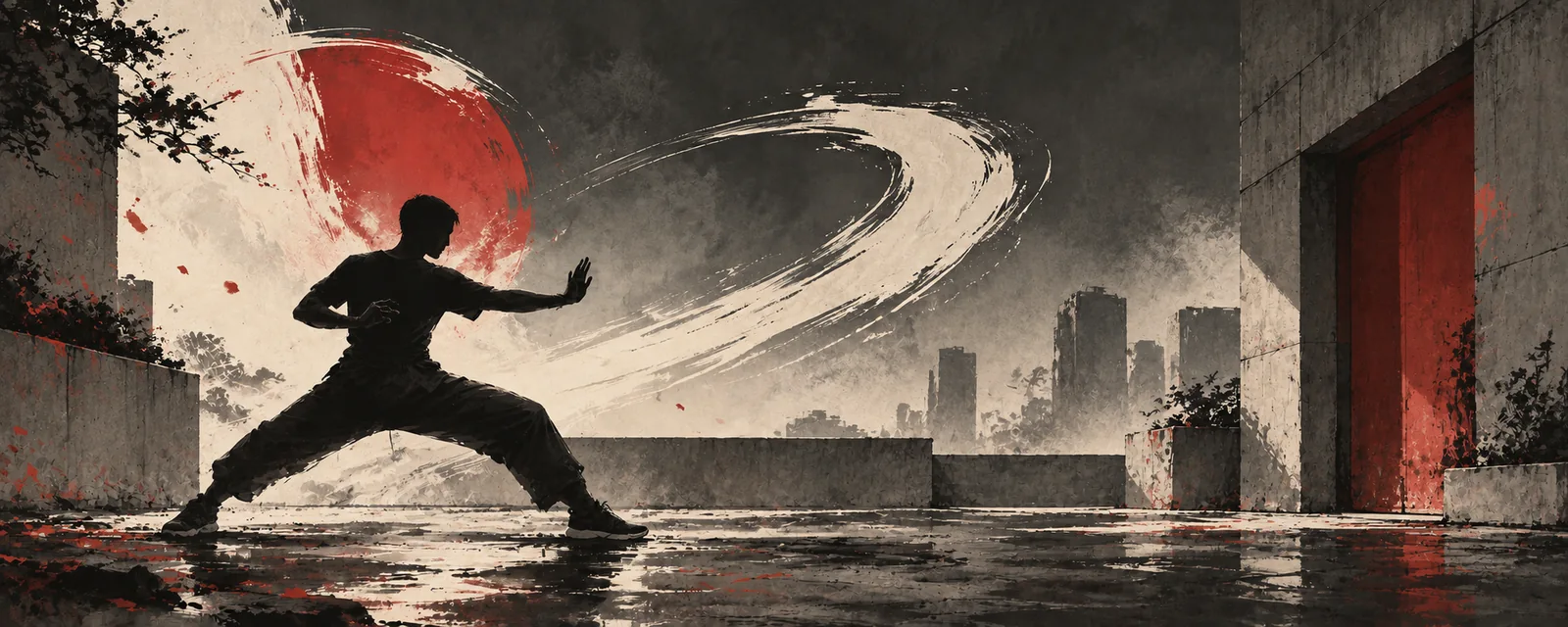 Atmospheric illustration of an anonymous martial artist in a moody urban setting